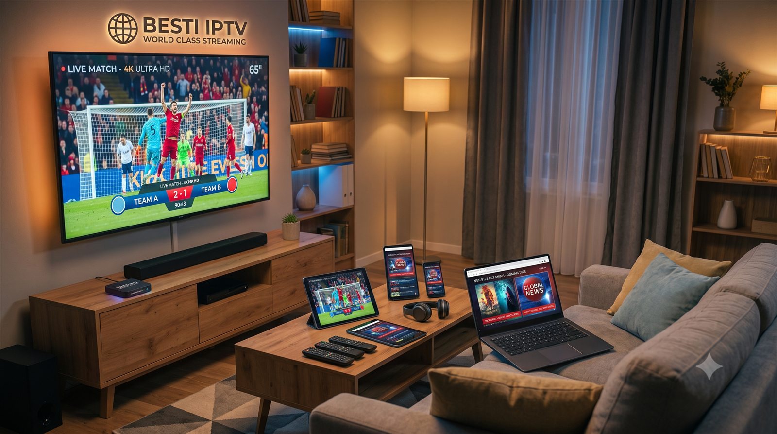 IPTV Canada 4K Ultra HD Multi-Device Streaming — Besti IPTV IPTV Canada 4K Ultra HD streaming with Besti IPTV — live sports on a Smart TV, tablet, laptop and phones in a Canadian living room