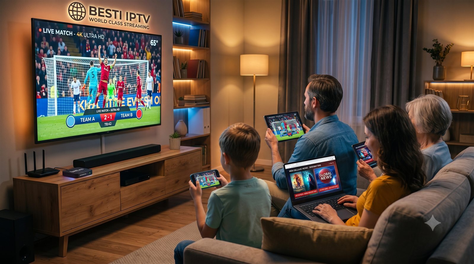 Best IPTV Canada for Families — Watch on Any Device | Besti IPTV Canadian family watching a live match in 4K on Besti IPTV Canada across TV, tablet and phones — best IPTV Canada service